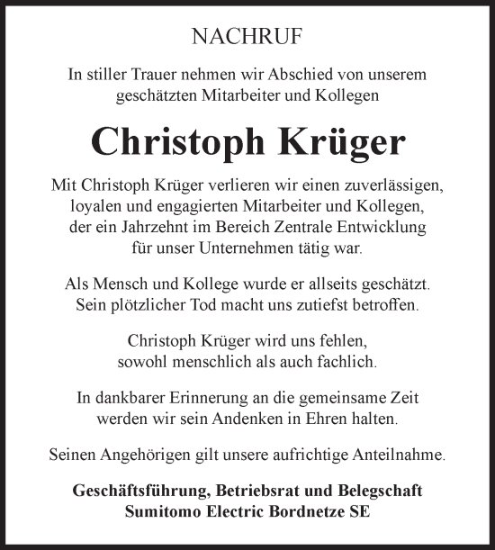 Traueranzeige von Christoph Krüger von Volksstimme Magdeburg