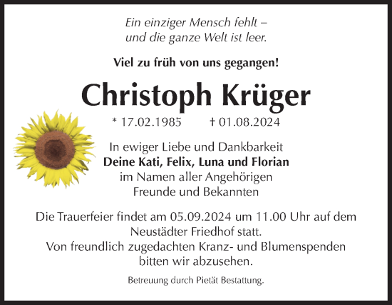 Traueranzeige von Christoph Krüger von Volksstimme Magdeburg