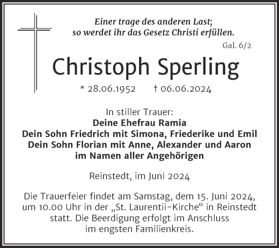 Traueranzeige von Christoph Sperling von Trauerkombi Aschersleben