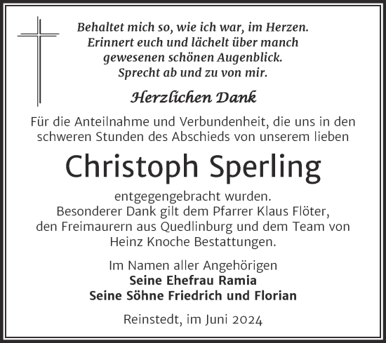 Traueranzeige von Christoph Sperling von Trauerkombi Aschersleben
