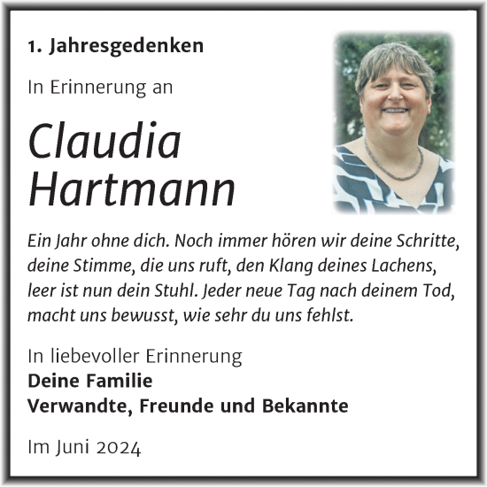 Traueranzeige von Claudia Hartmann von Trauerkombi Mansfelder Land