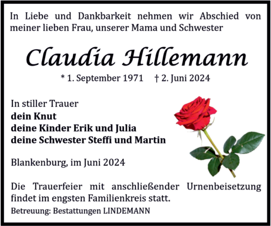 Traueranzeige von Claudia Hillemann von Volksstimme Wernigerode
