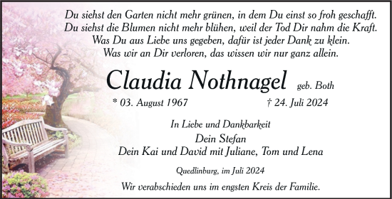 Traueranzeige von Claudia Nothnagel von Trauerkombi Quedlinburg