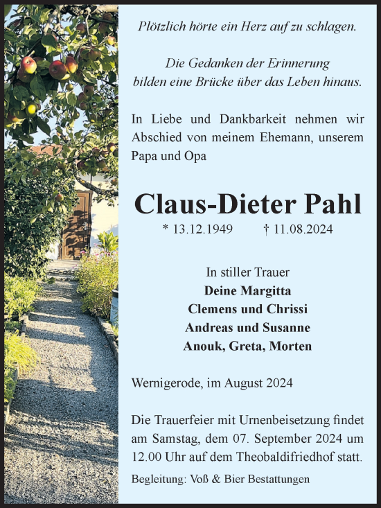 Traueranzeige von Claus-Dieter Pahl von Volksstimme Wernigerode