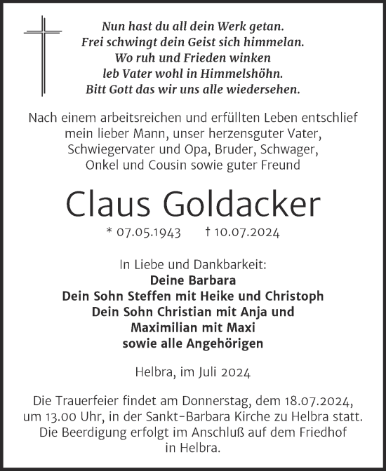 Traueranzeige von Claus Goldacker von Mitteldeutsche Zeitung Mansfelder Land