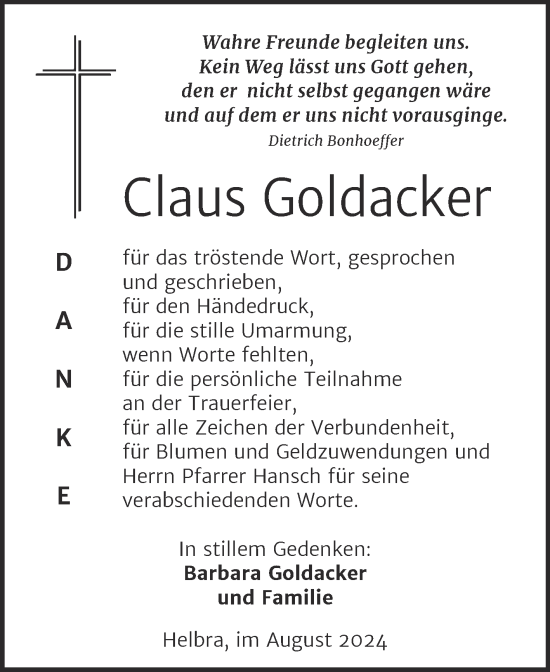 Traueranzeige von Claus Goldacker von Trauerkombi Mansfelder Land