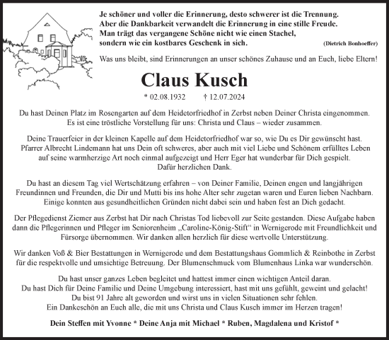 Traueranzeige von Claus Kusch von Volksstimme Zerbst