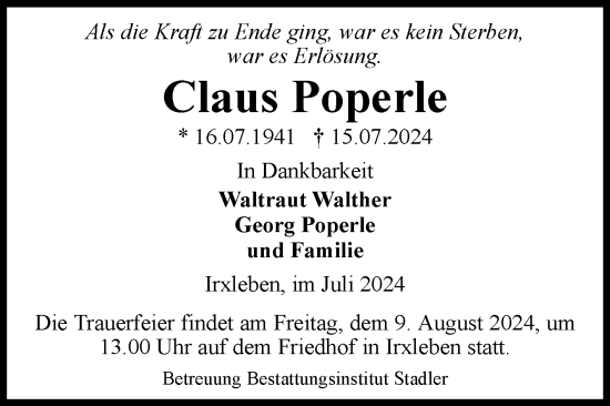 Traueranzeige von Claus Poperle von Volksstimme Haldensleben/Wolmirstedt
