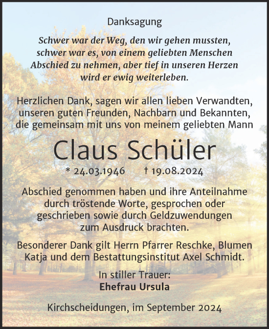 Traueranzeige von Claus Schüler von Super Sonntag Naumburg/Nebra