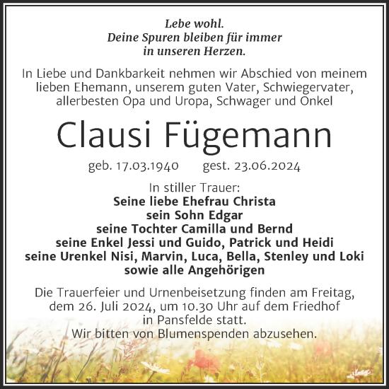 Traueranzeige von Clausi Fügemann von Trauerkombi Quedlinburg