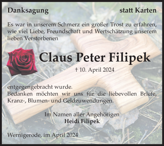 Traueranzeige von Claus Peter Filipek von Volksstimme Wernigerode