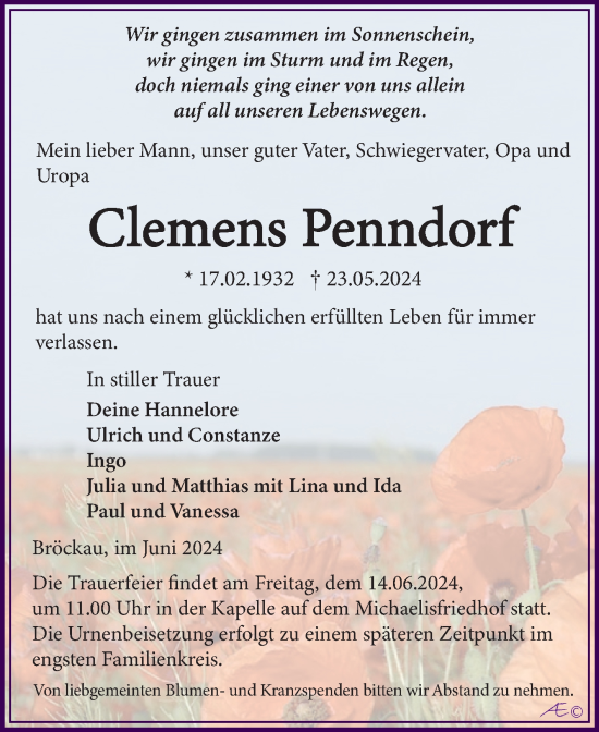 Traueranzeige von Clemens Penndorf von Trauerkombi Zeitz