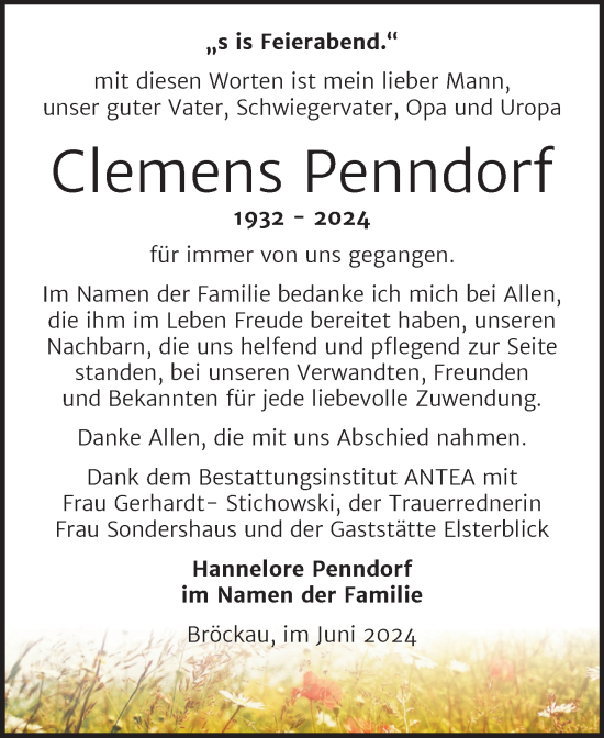 Traueranzeige von Clemens Penndorf von Trauerkombi Zeitz