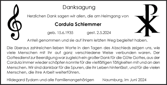 Traueranzeige von Cordula Schlemmer von Naumburger Tageblatt