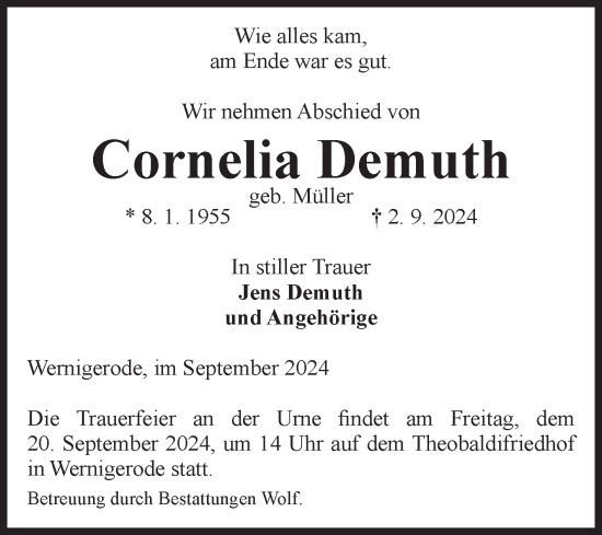 Traueranzeige von Cornelia Demuth von Volksstimme Wernigerode