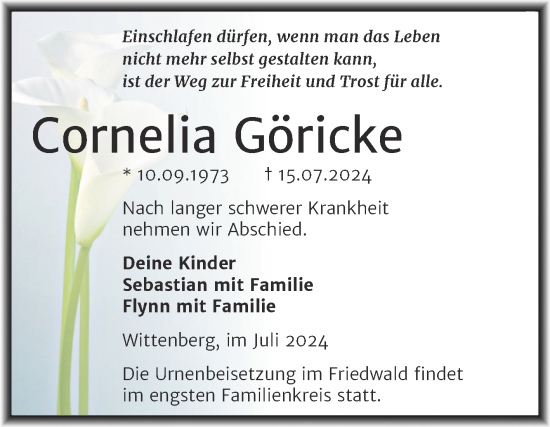 Traueranzeige von Cornelia Göricke von Trauerkombi Wittenberg