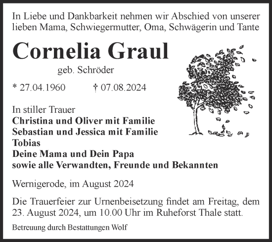 Traueranzeige von Cornelia Graul von Volksstimme Wernigerode
