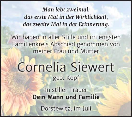 Traueranzeige von Cornelia Siewert von Trauerkombi Merseburg