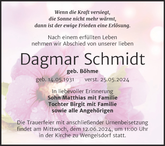 Traueranzeige von Dagmar Schmidt von Trauerkombi Weißenfels