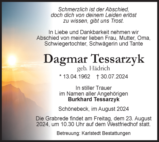 Traueranzeige von Dagmar Tessarzyk von Volksstimme Schönebeck