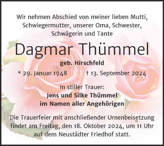 Traueranzeige von Dagmar Thümmel von Mitteldeutsche Zeitung Halle/Saalkreis