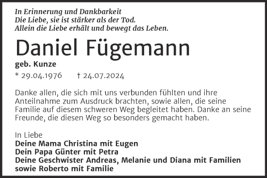 Traueranzeige von Daniel Fügemann von Super Sonntag Mansfelder Land