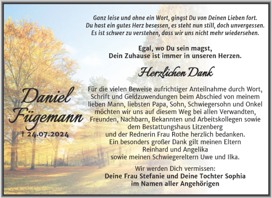 Traueranzeige von Daniel Fügemann von Trauerkombi Mansfelder Land
