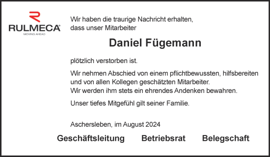 Traueranzeige von Daniel Fügemann von Super Sonntag Aschersleben