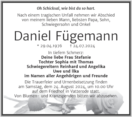 Traueranzeige von Daniel Fügemann von Trauerkombi Mansfelder Land