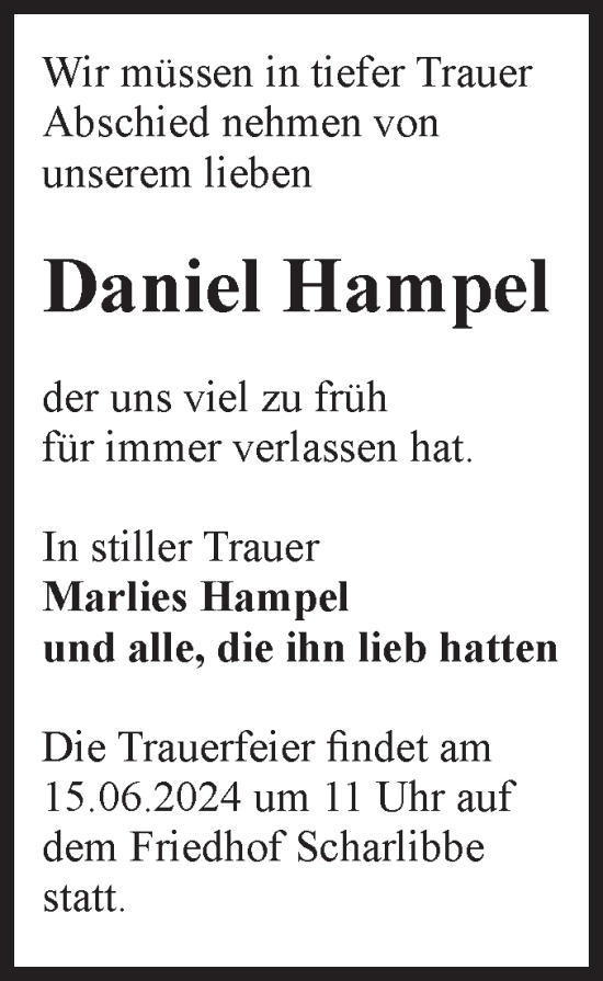 Traueranzeige von Daniel Hampel von Volksstimme Altmark Ost