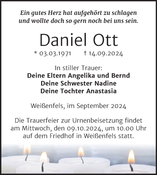 Traueranzeige von Daniel Ott von Trauerkombi Weißenfels