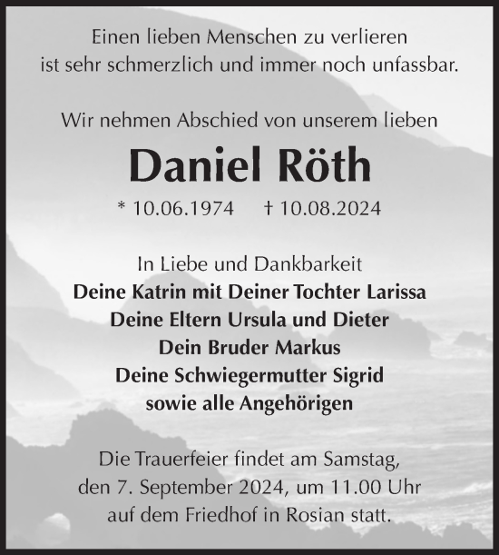 Traueranzeige von Daniel Röth von Volksstimme Zerbst