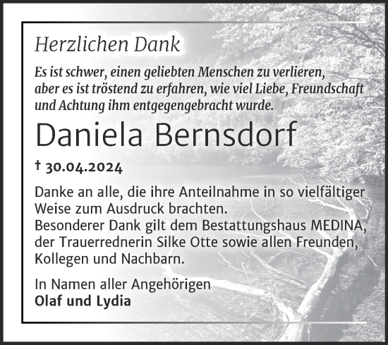 Traueranzeige von Daniela Bernsdorf von Mitteldeutsche Zeitung Halle/Saalkreis