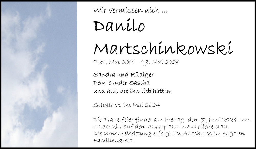  Traueranzeige für Danilo Martschinkowski vom 18.05.2024 aus Volksstimme Altmark Ost