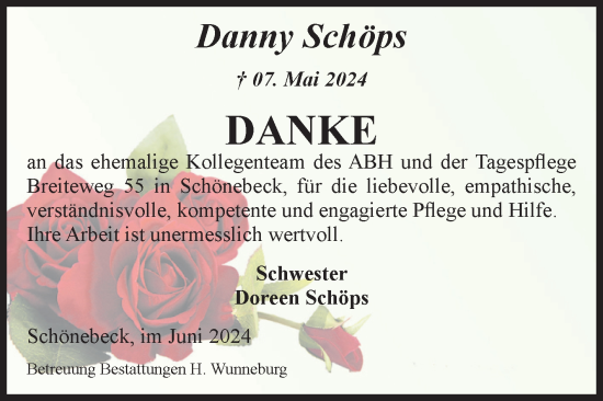 Traueranzeige von Danny Schöps von Volksstimme Schönebeck