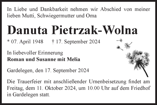 Traueranzeige von Danuta Pietrzak-Wolna von Volksstimme Altmark West