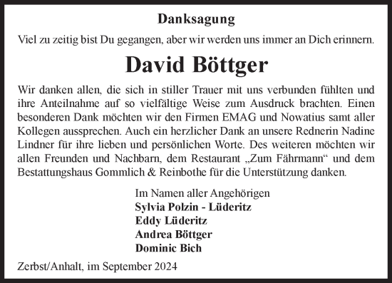 Traueranzeige von David Böttger von Volksstimme Zerbst