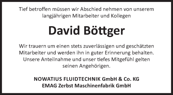 Traueranzeige von David Böttger von Volksstimme Burg/Genthin