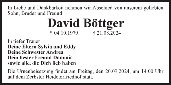 Traueranzeige von David Böttger von Volksstimme Zerbst