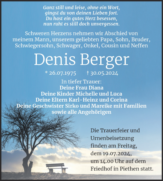 Traueranzeige von Denis Berger von Trauerkombi Köthen