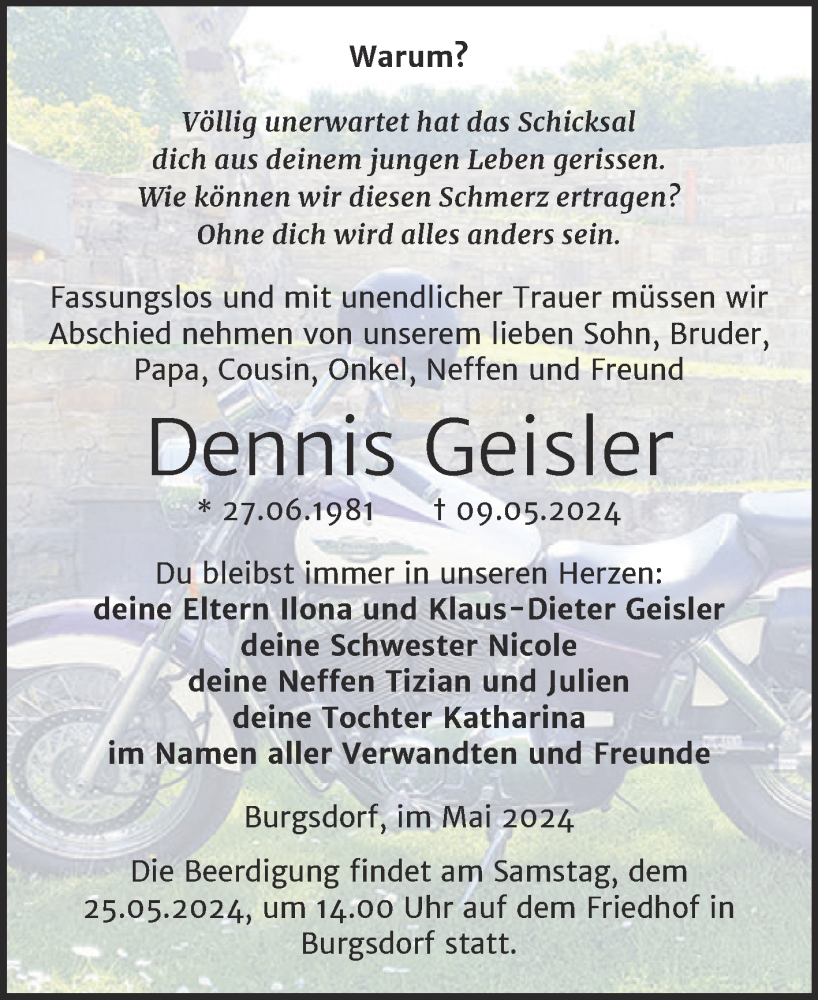  Traueranzeige für Dennis Geisler vom 25.05.2024 aus Trauerkombi Mansfelder Land