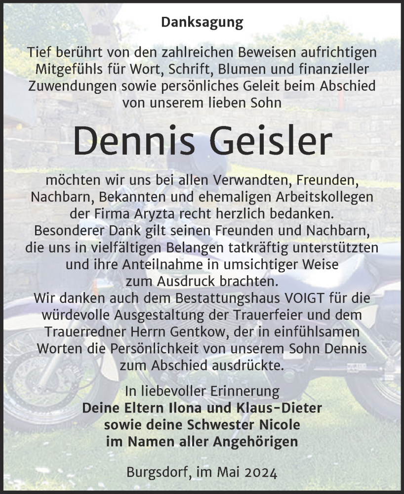  Traueranzeige für Dennis Geisler vom 05.06.2024 aus Trauerkombi Mansfelder Land