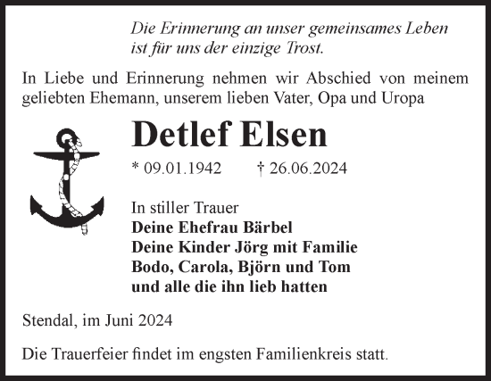 Traueranzeige von Detlef Elsen von Volksstimme Altmark Ost