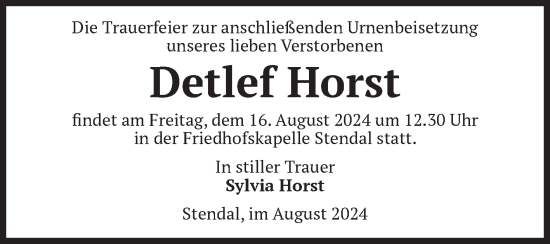 Traueranzeige von Detlef Horst von Volksstimme Altmark Ost