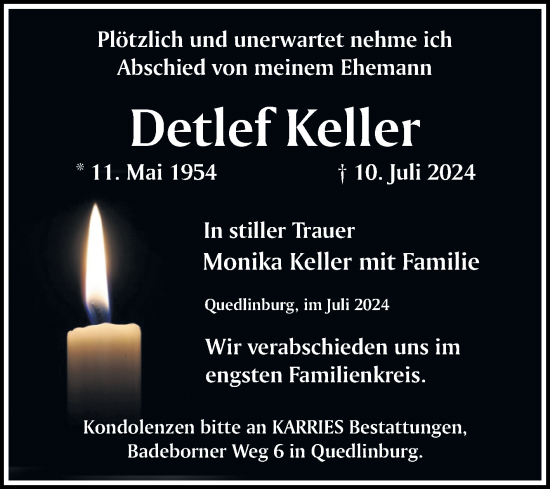 Traueranzeige von Detlef Keller von Trauerkombi Quedlinburg