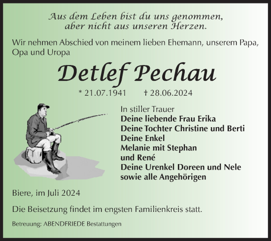 Traueranzeige von Detlef Pechau von Volksstimme Schönebeck