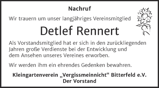 Traueranzeige von Detlef Rennert von Trauerkombi Bitterfeld