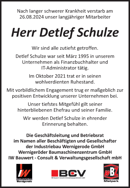 Traueranzeige von Detlef Schulze von Volksstimme Wernigerode