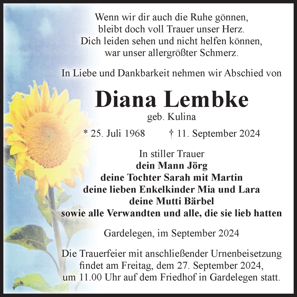  Traueranzeige für Diana Lembke vom 18.09.2024 aus Volksstimme Altmark West