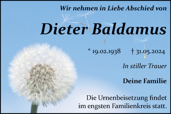 Traueranzeige von Dieter Baldamus von Trauerkombi Bitterfeld